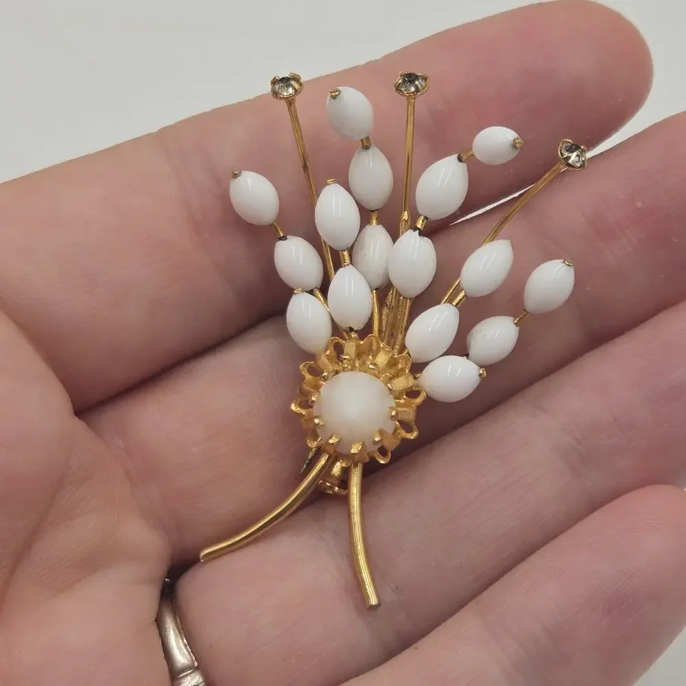 Vintage Made Austria Signed Milk Glass Flower Brooch Rhinestones Spray Gold Tone